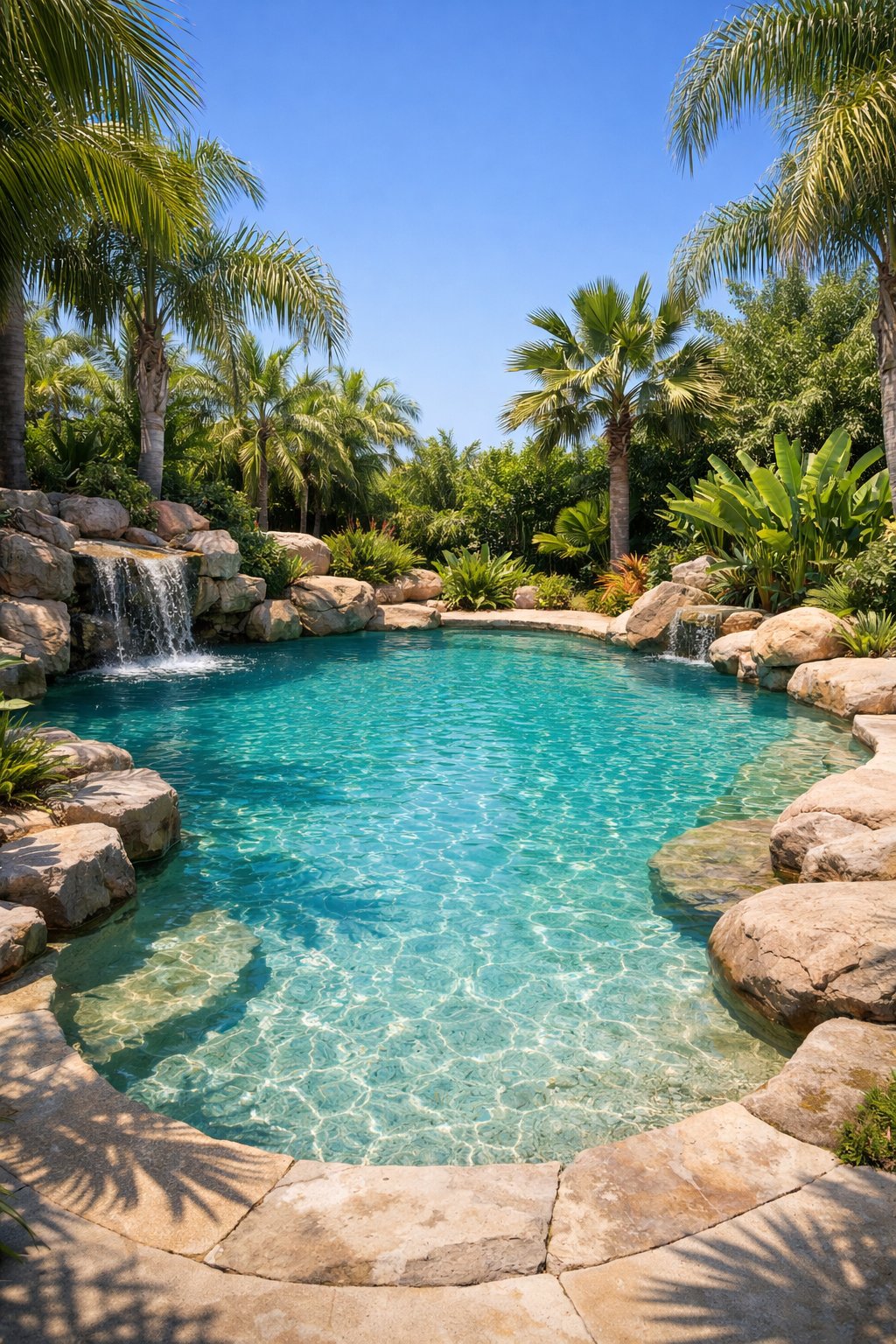 A clear turquoise freeform swimming pool surrounded by tropical plants and natural stone accents under a blue sky.