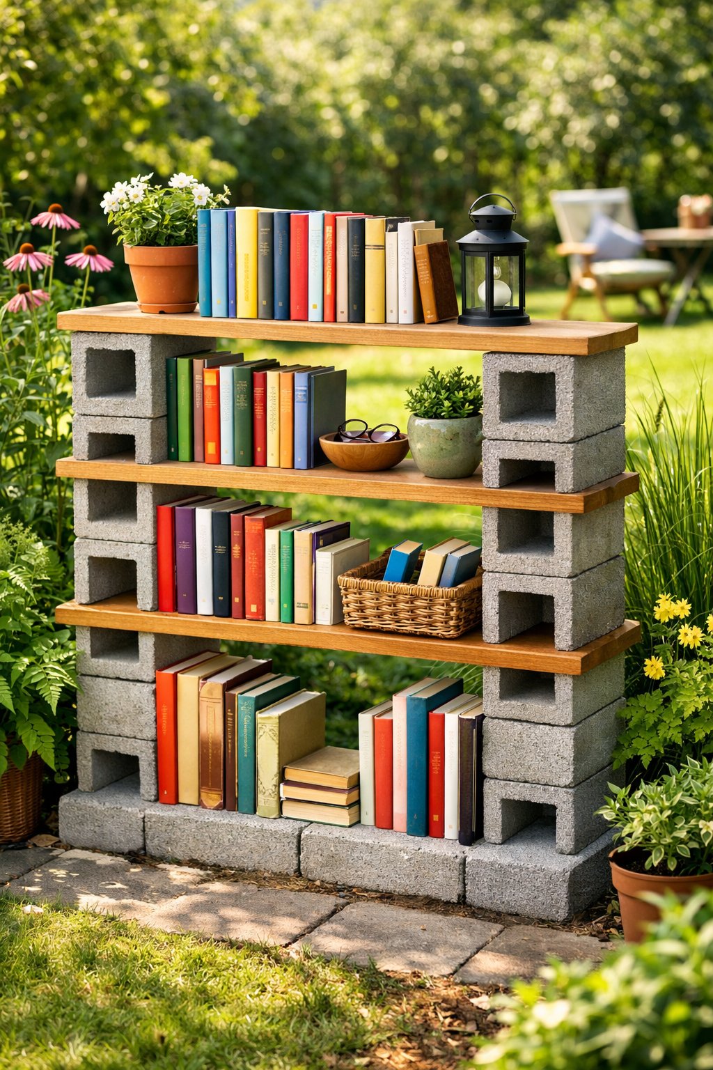 An outdoor bookshelf made from cinder blocks and wood, filled with books, set in a green garden with plants and sunlight.
