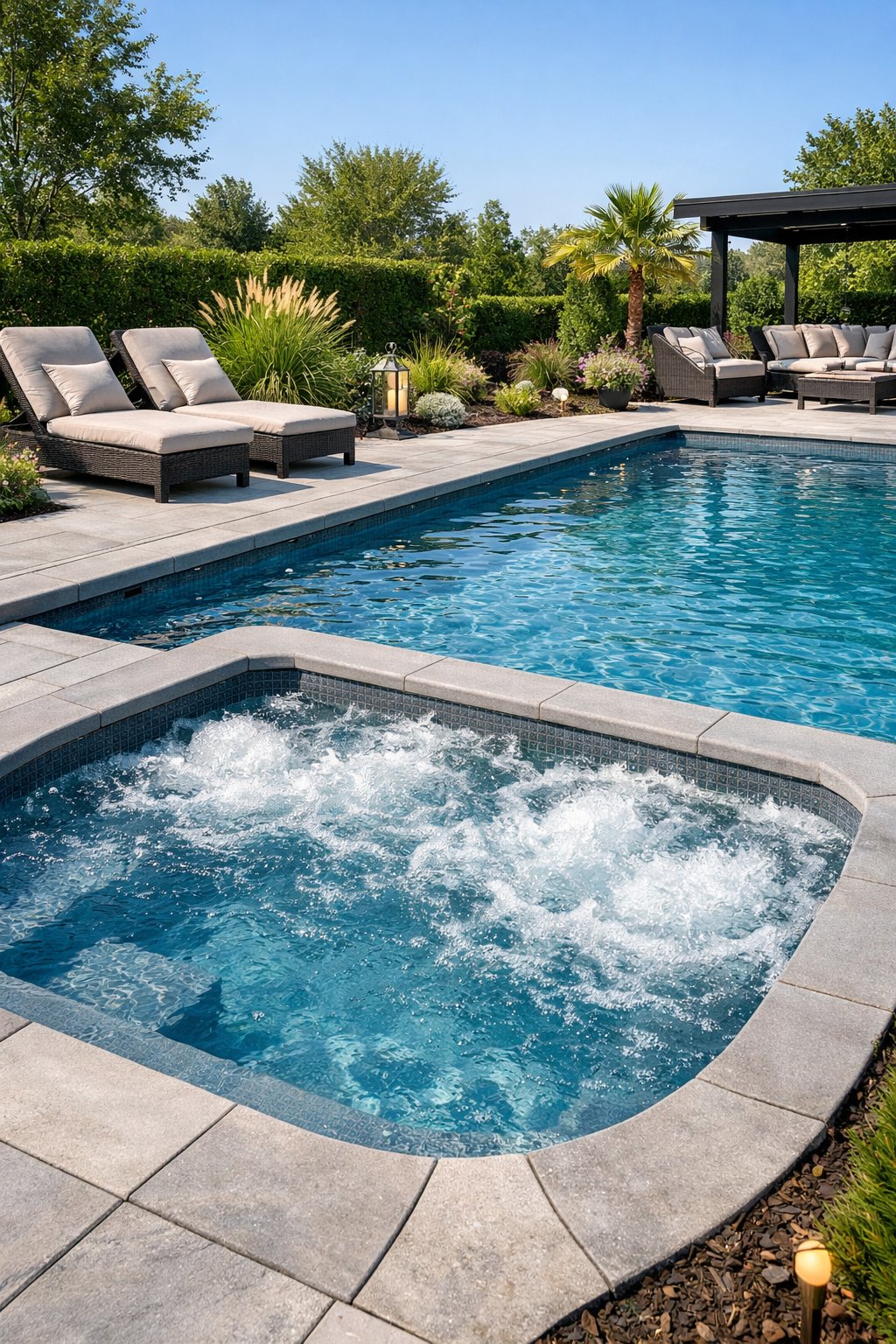 A backyard with a fiberglass swimming pool that includes a built-in bubbling spa area surrounded by lounge chairs and greenery.