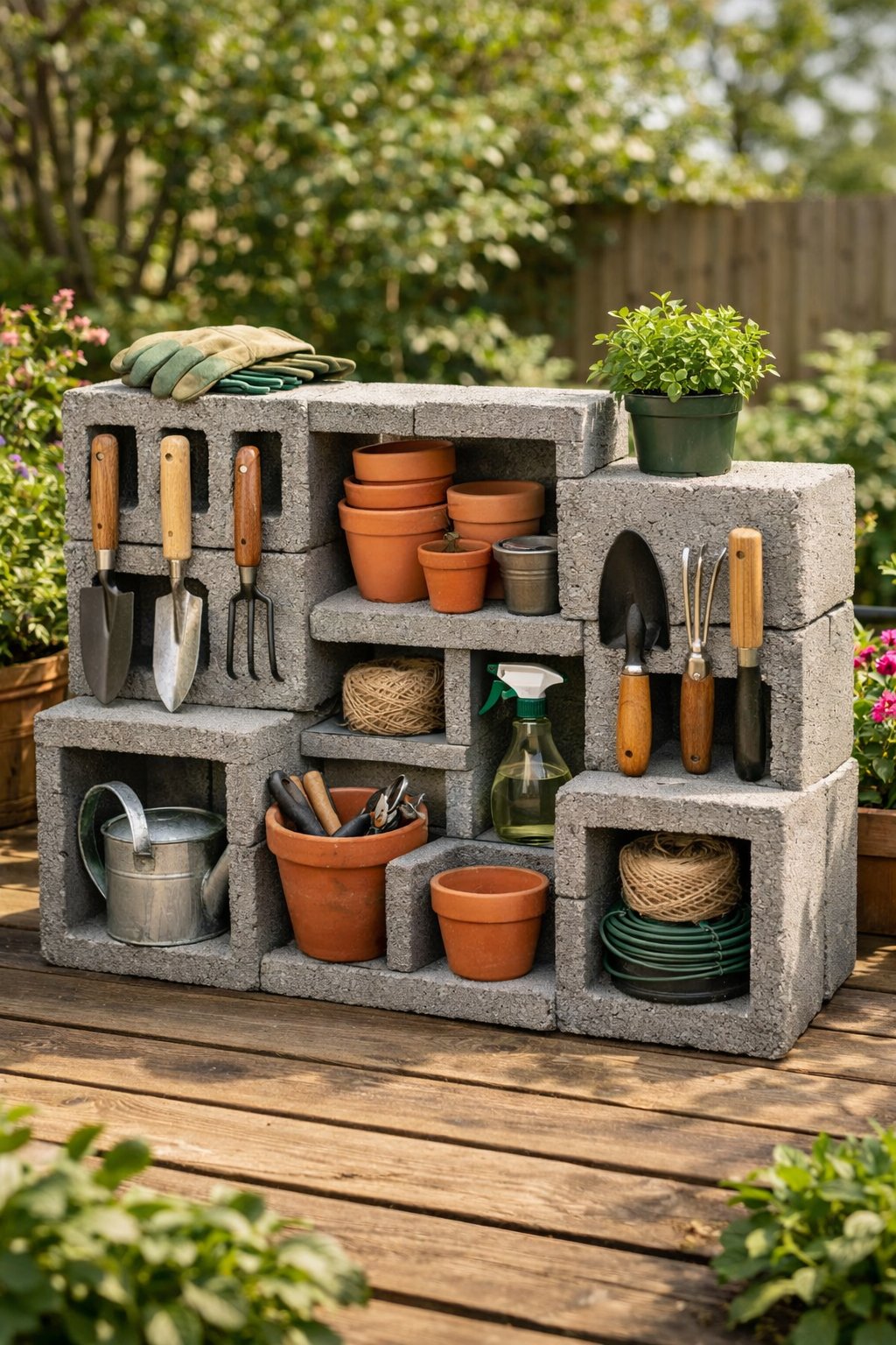 An outdoor garden tool organizer made from stacked cinder blocks holding various gardening tools surrounded by plants.