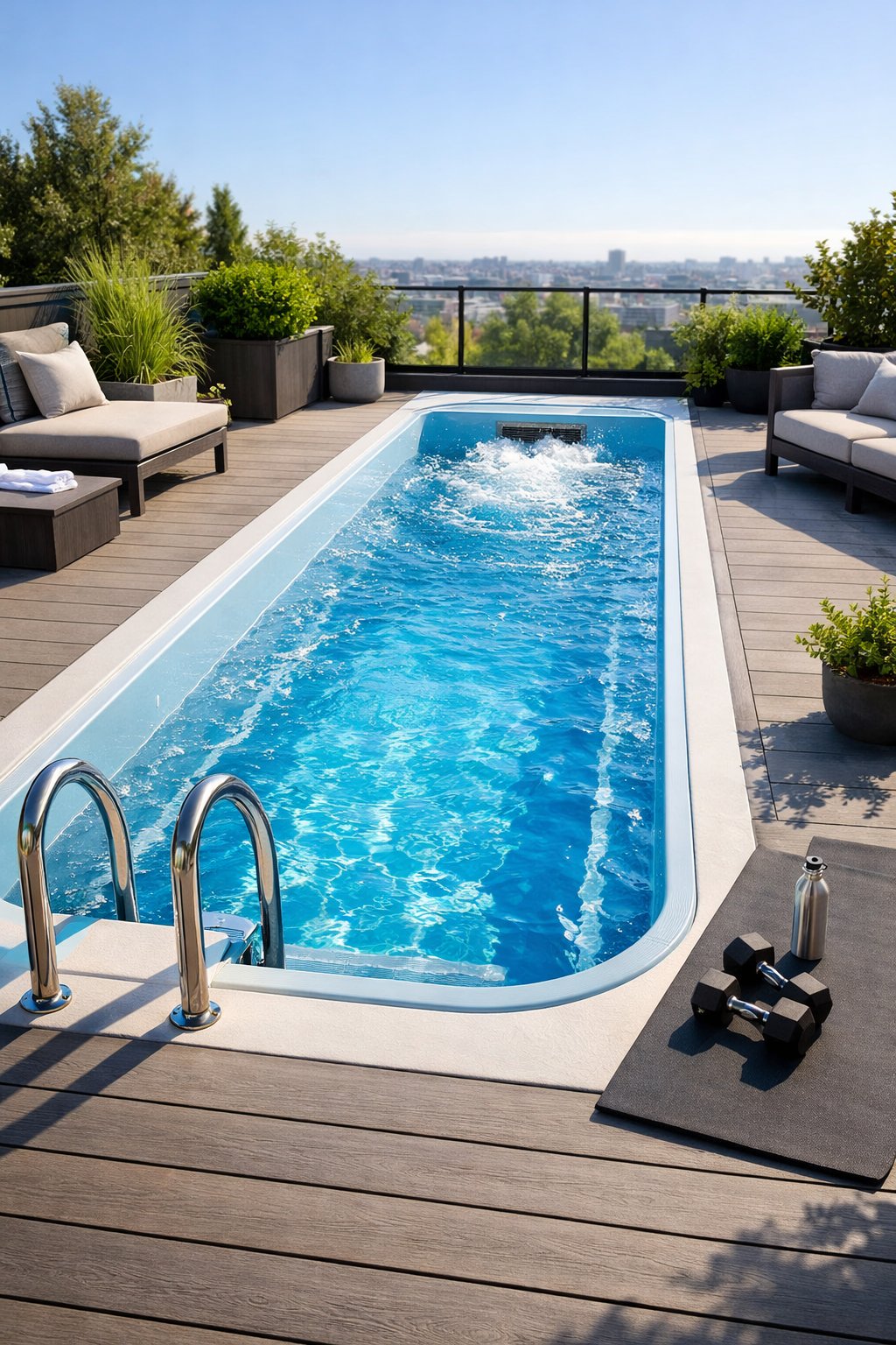 A narrow fiberglass lap pool in a modern backyard with outdoor furniture and plants under bright daylight.