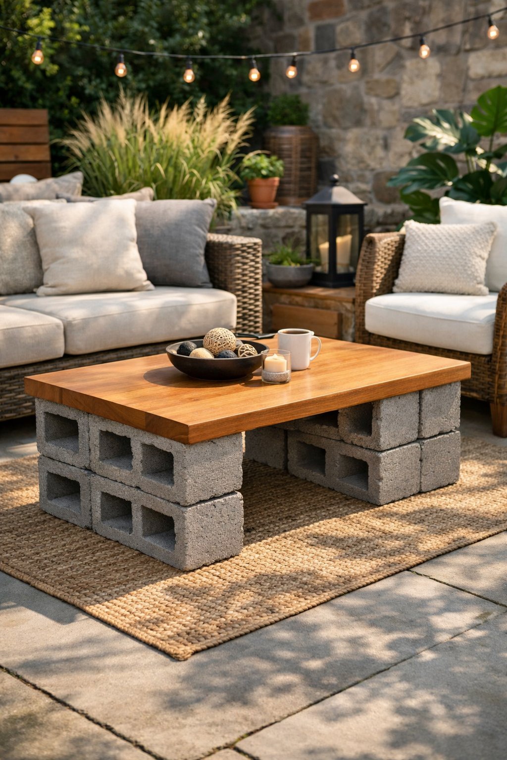 Outdoor patio with a coffee table made of cinder blocks and wood, surrounded by seating and plants.