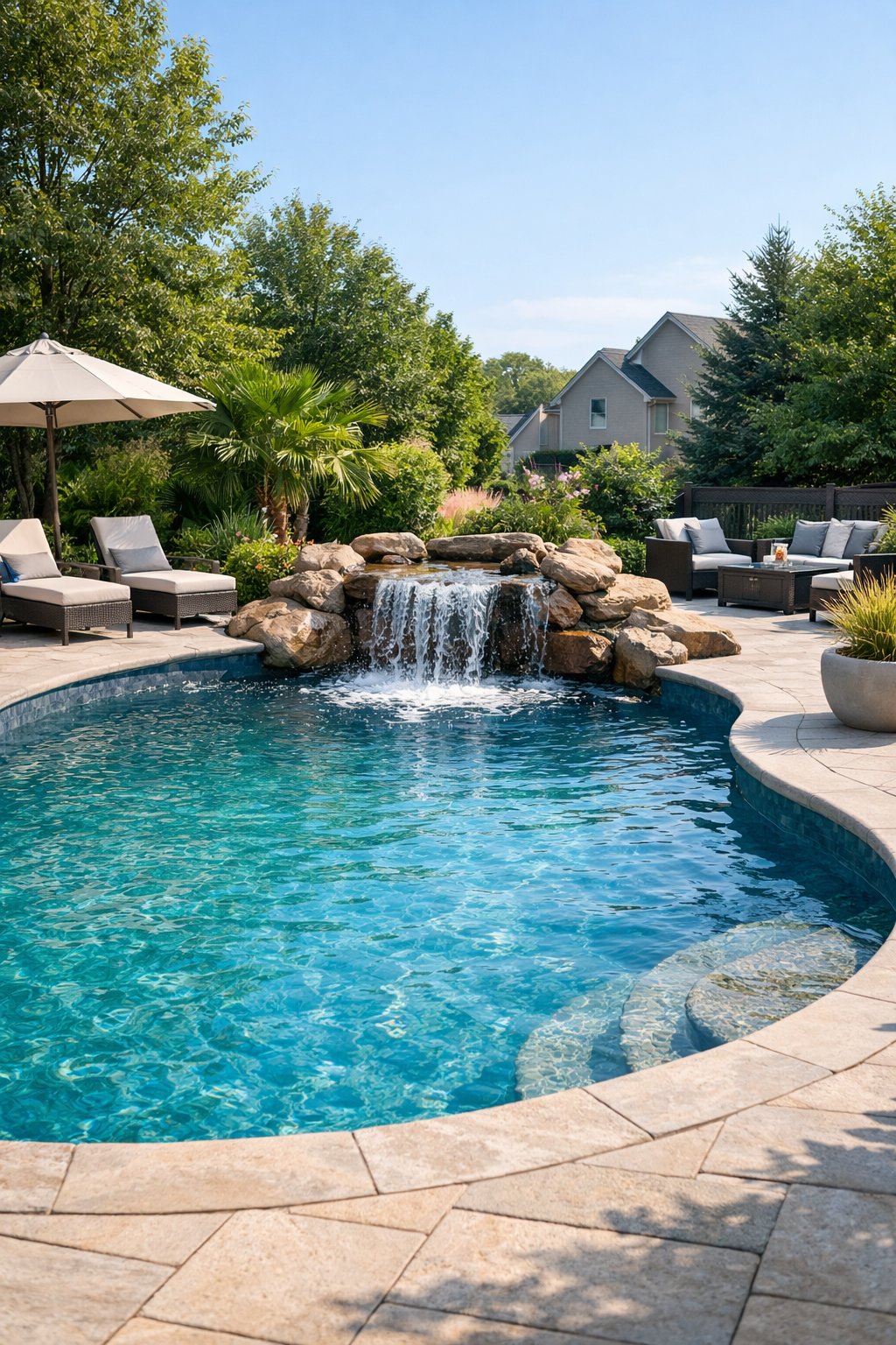 A fiberglass swimming pool with a waterfall feature in a backyard surrounded by greenery and nearby houses.