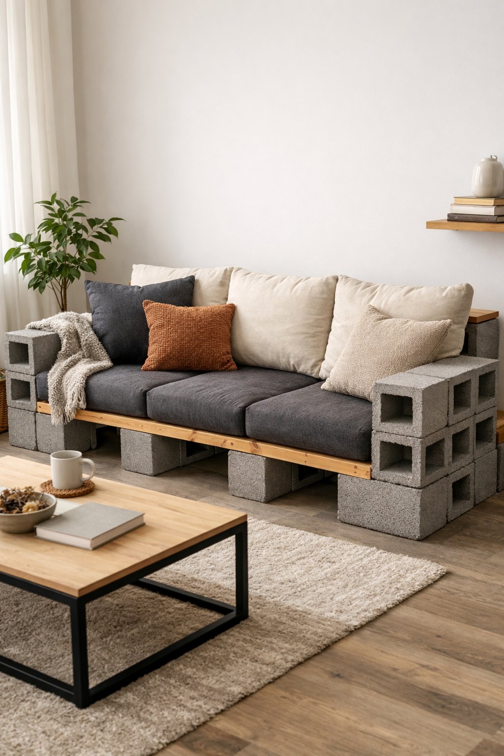 A living room with a sofa made from cinder blocks and wooden planks, decorated with cushions and a throw blanket.