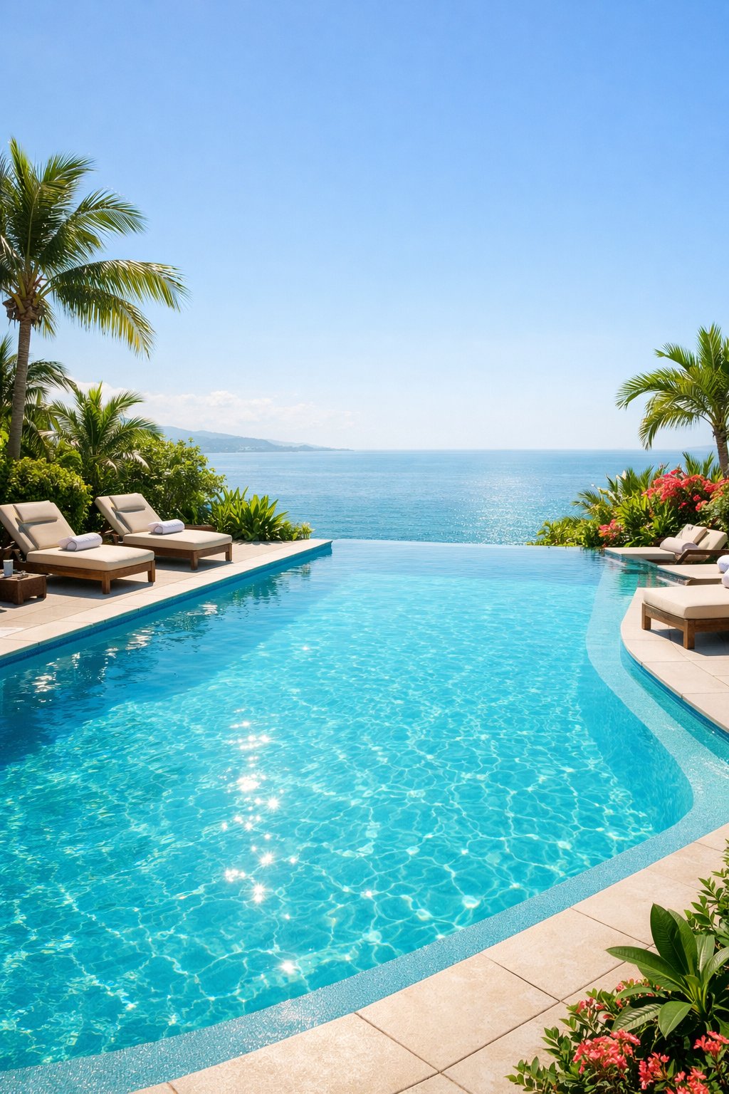 A luxurious infinity edge fiberglass pool with clear water, surrounded by lounge chairs and tropical plants under a sunny sky.