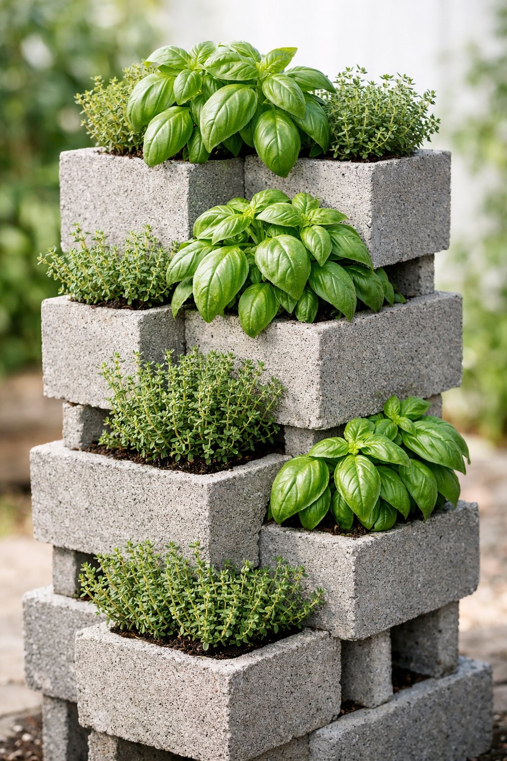 A vertical herb garden tower made of cinder blocks with basil and thyme plants growing in it.