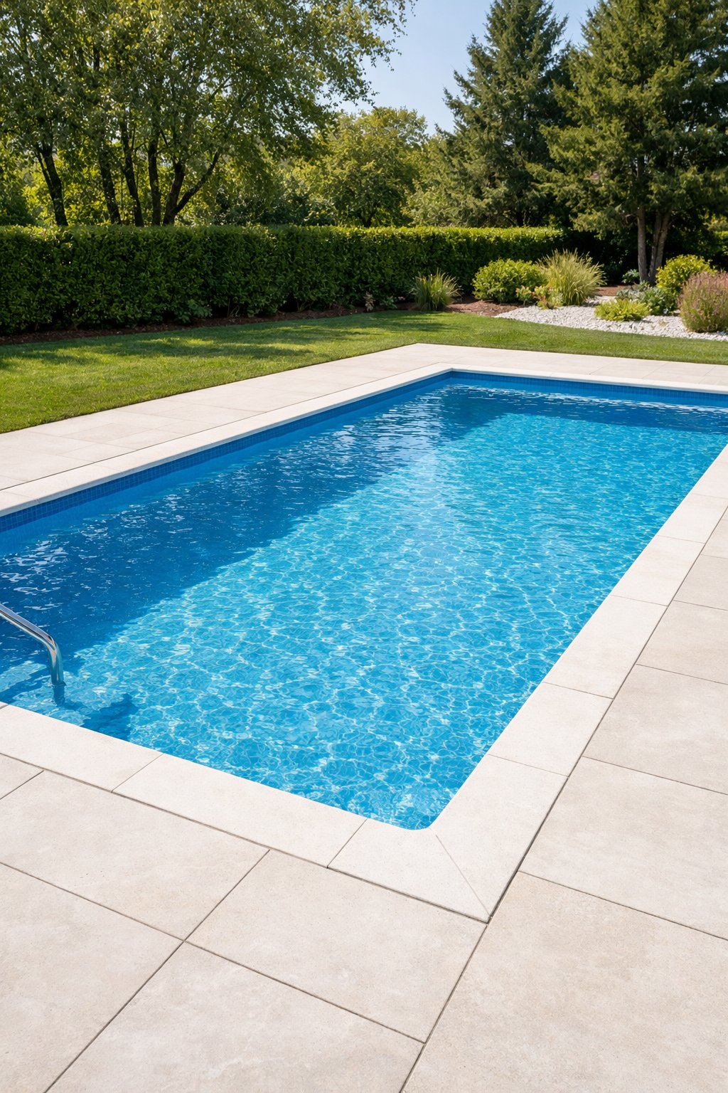 A rectangular fiberglass swimming pool filled with clear blue water, surrounded by a stone pool deck and greenery.