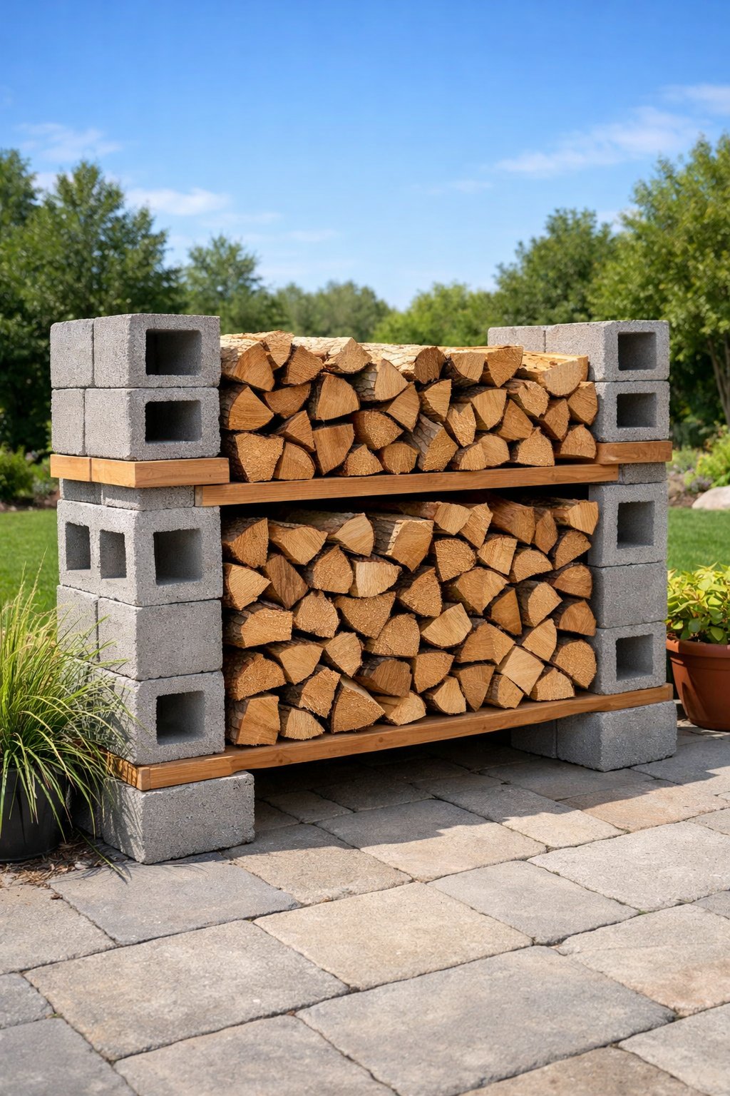 A firewood storage rack made from cinder blocks and wooden planks holding neatly stacked split firewood outdoors.