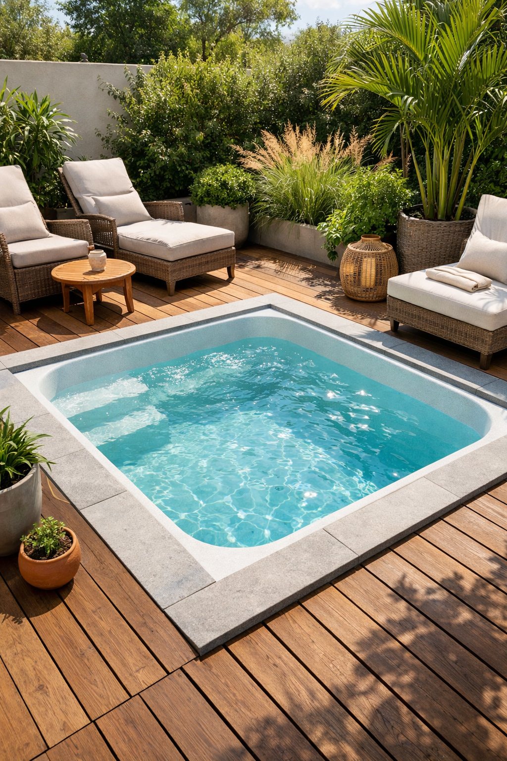 A small fiberglass plunge pool in a compact outdoor patio with lounge chairs and plants.