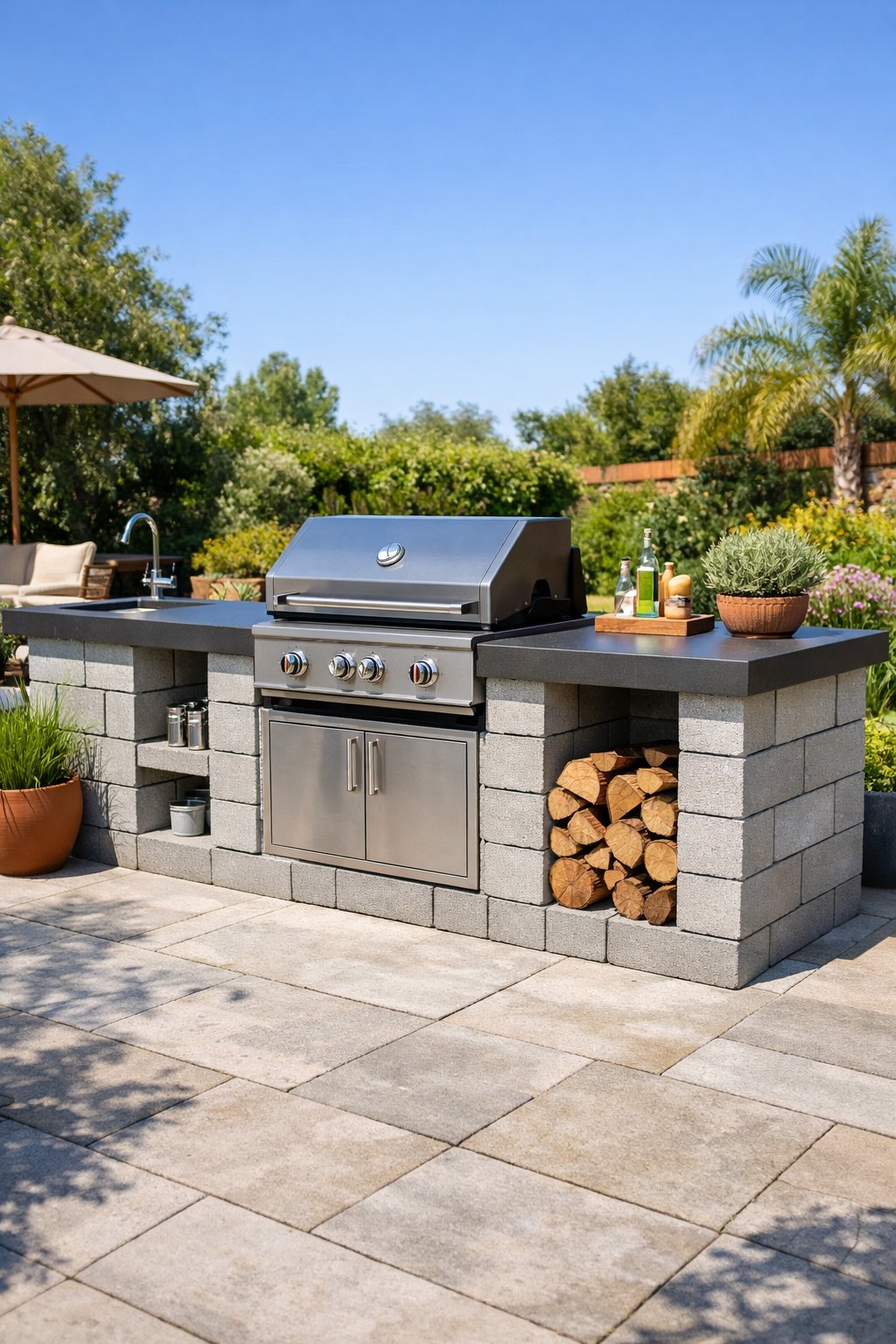 Outdoor kitchen counter base made of cinder blocks with a grill, plants, and patio furniture in a backyard setting.