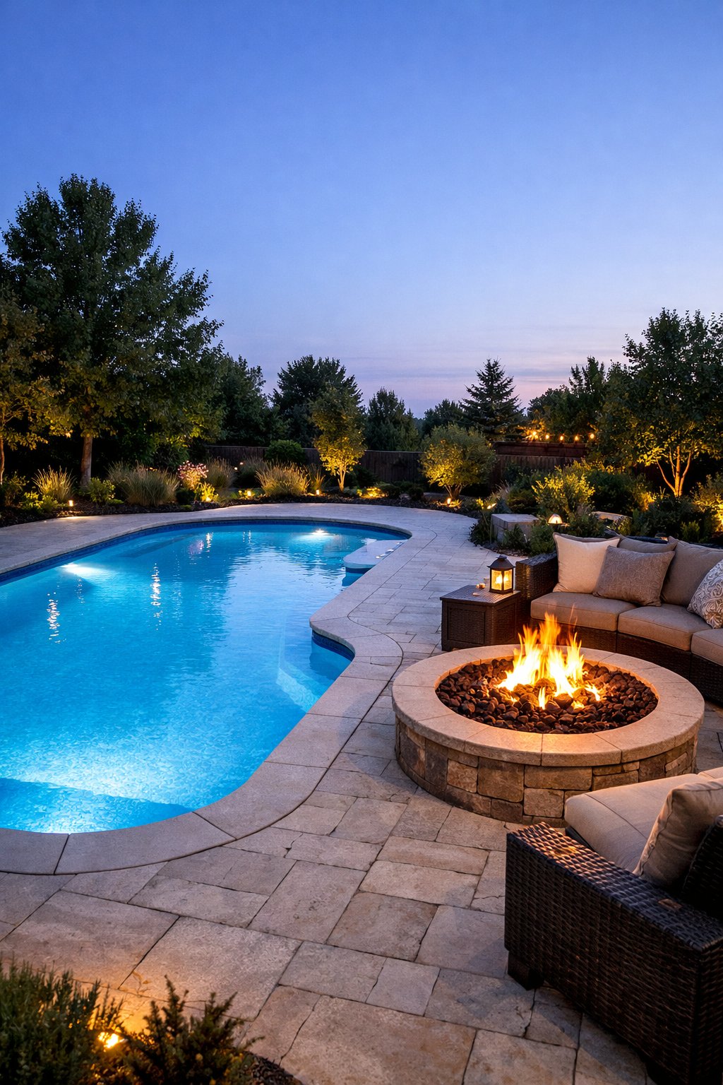 Outdoor backyard with a fiberglass swimming pool next to a lit fire pit surrounded by seating and greenery at twilight.