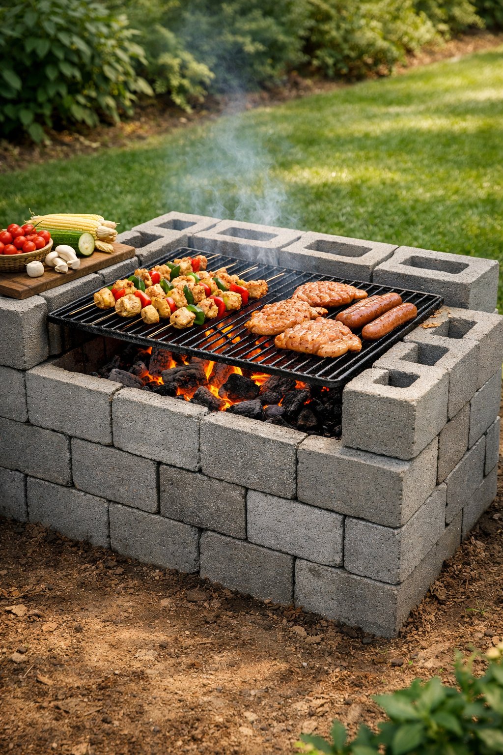 A portable cinder block grill set up outdoors with food ready to be cooked on the grill.