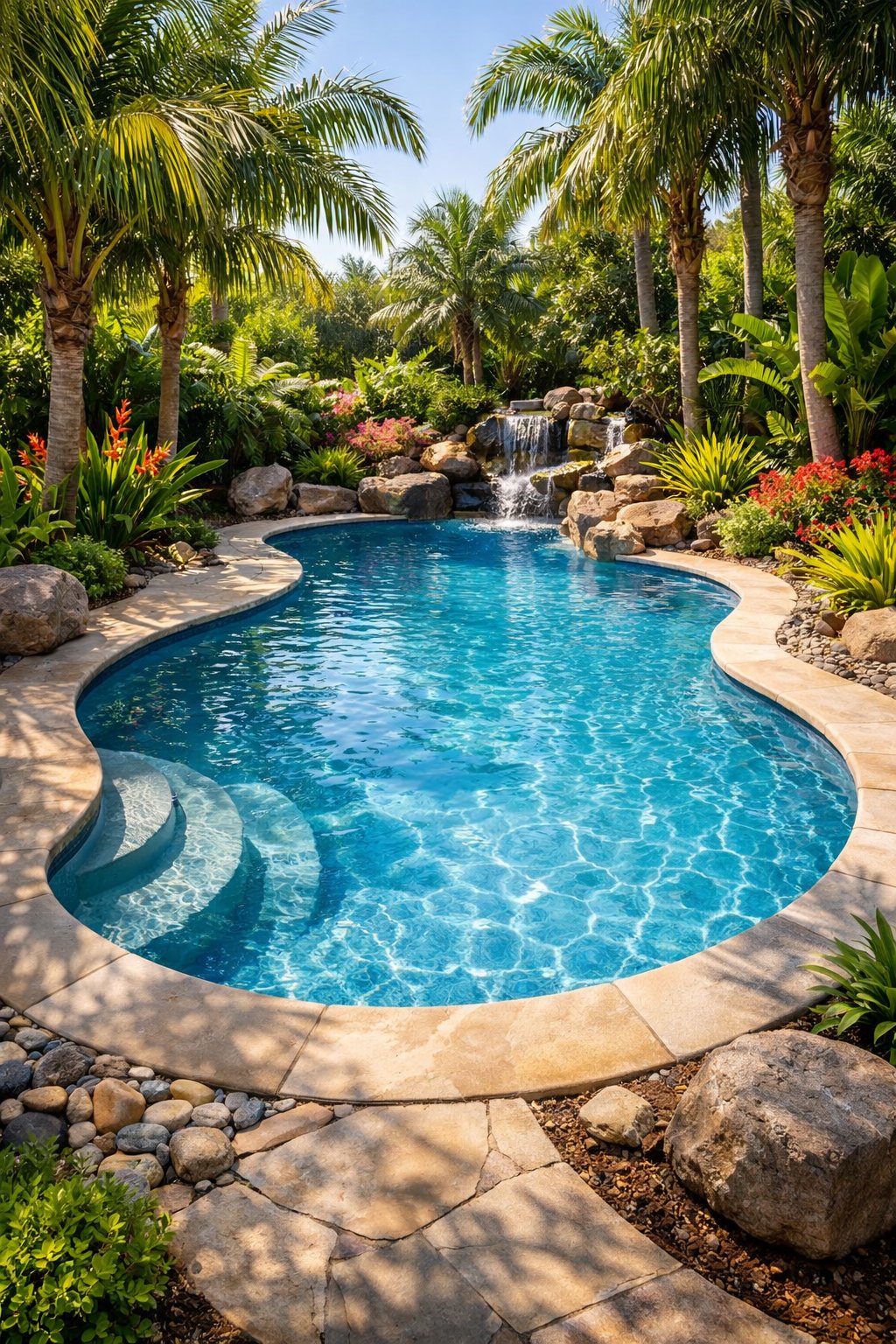A fiberglass swimming pool surrounded by tropical plants and palm trees in a backyard.