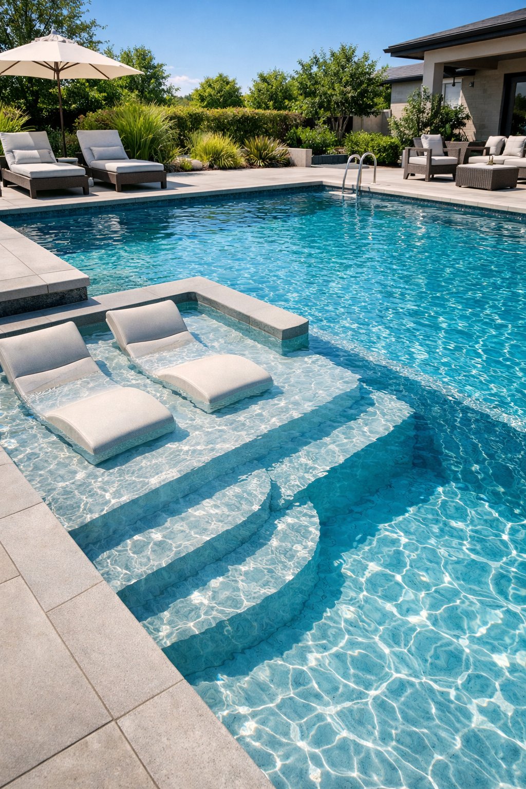 Outdoor dual-level fiberglass swimming pool with a shallow lounge area and a deeper swim zone surrounded by patio furniture and greenery.