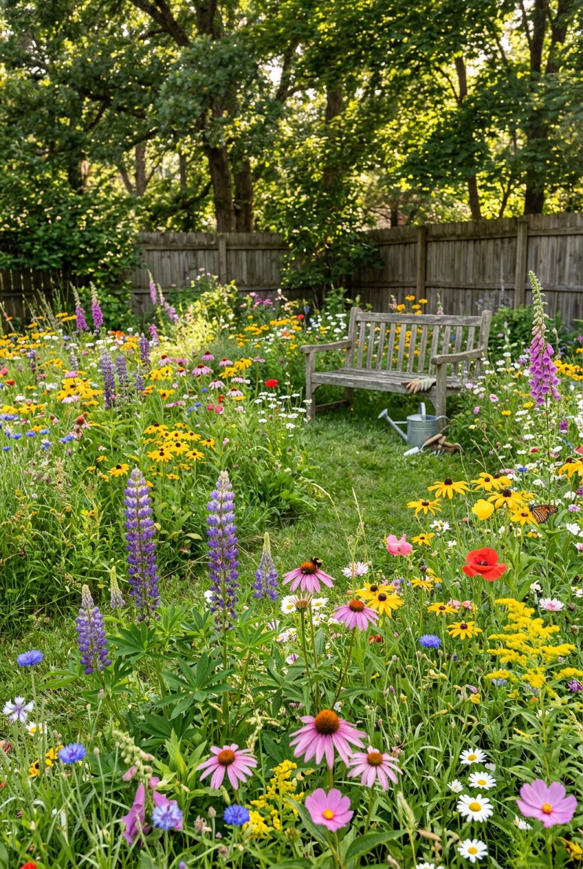 A backyard garden filled with a variety of colorful native wildflowers growing freely among green grass and trees.