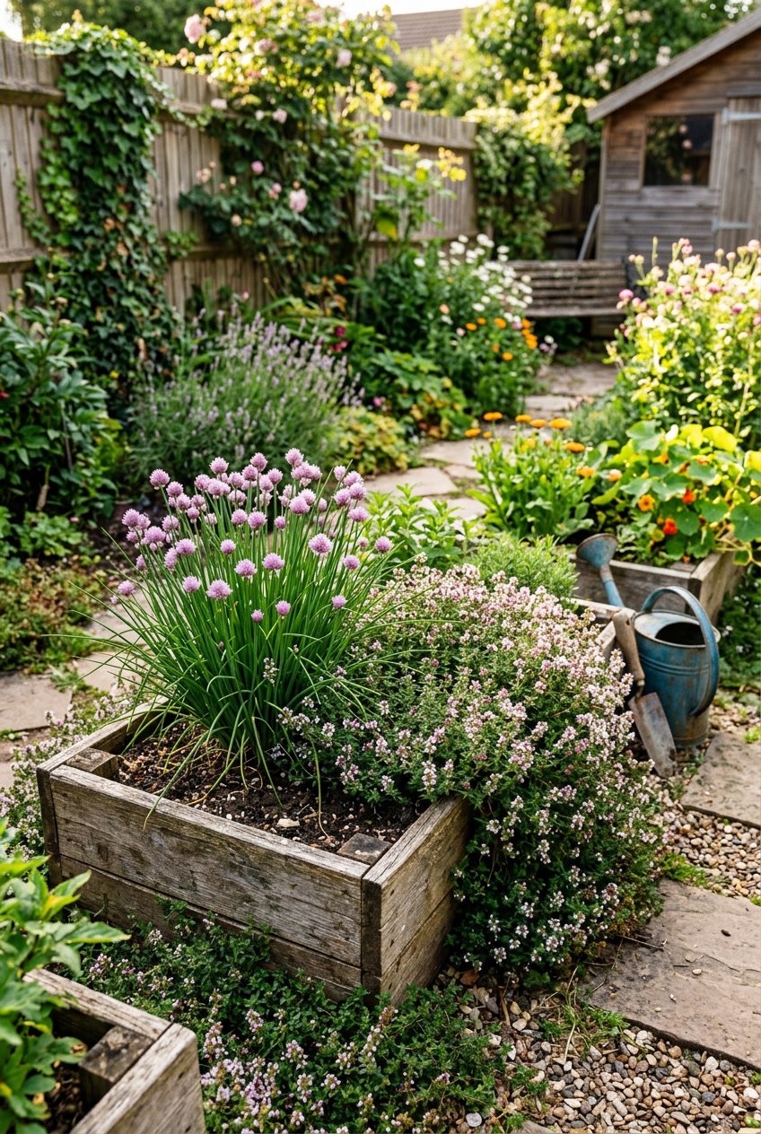 A backyard garden with thriving chives and thyme growing in wooden planters and soil beds surrounded by a natural garden setting.