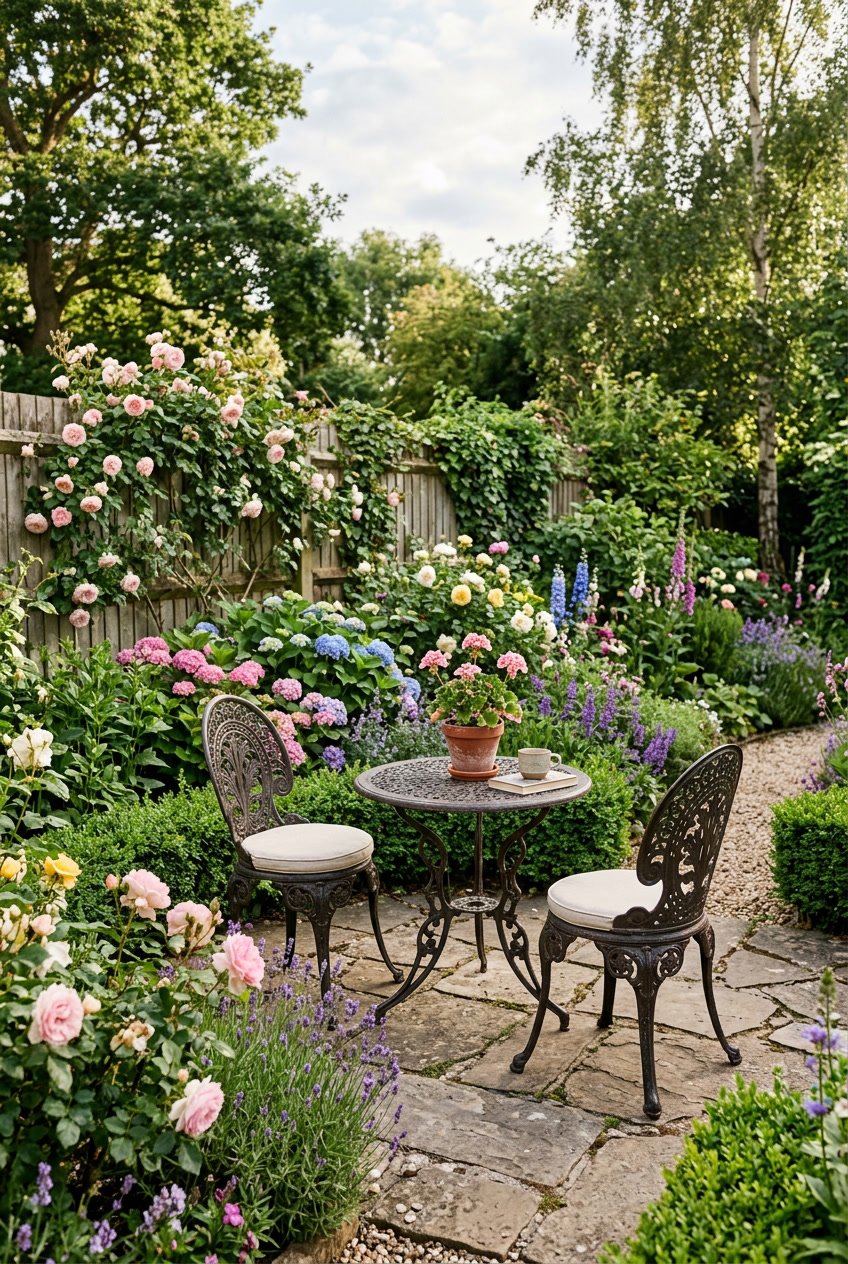 A backyard garden with a wrought-iron bistro table and two chairs surrounded by flowers and greenery.