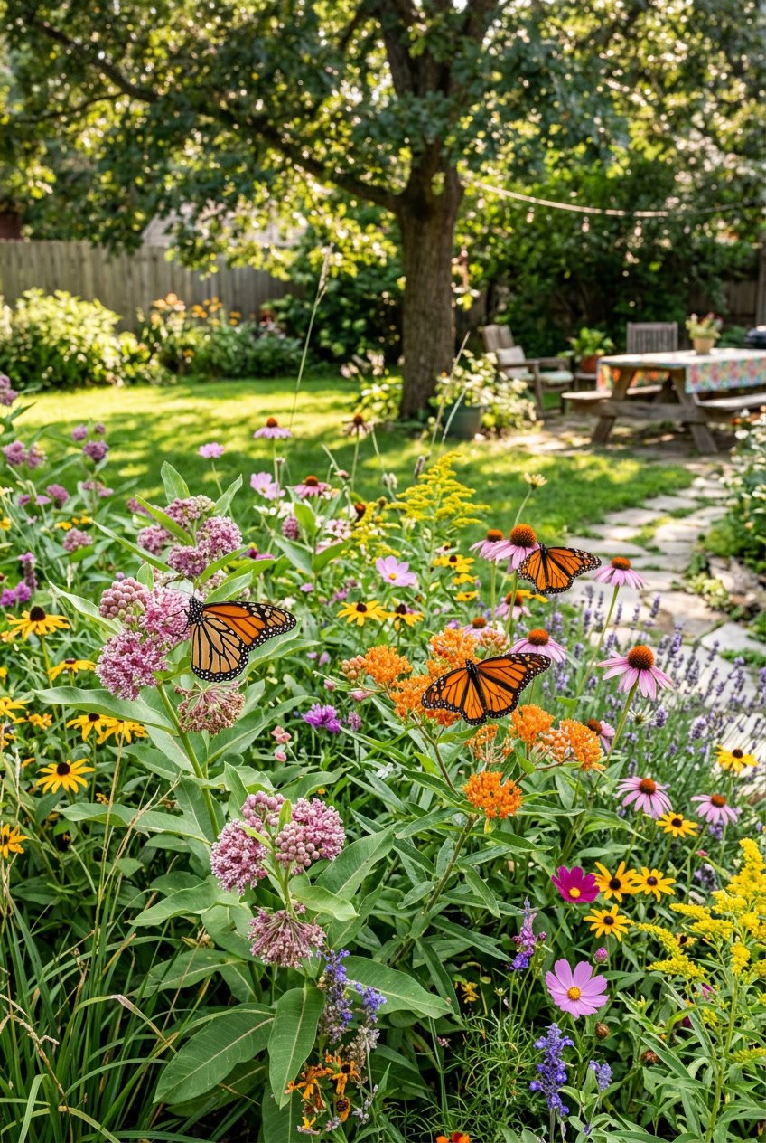 A backyard garden with blooming milkweed plants and colorful butterflies flying and resting among the flowers.