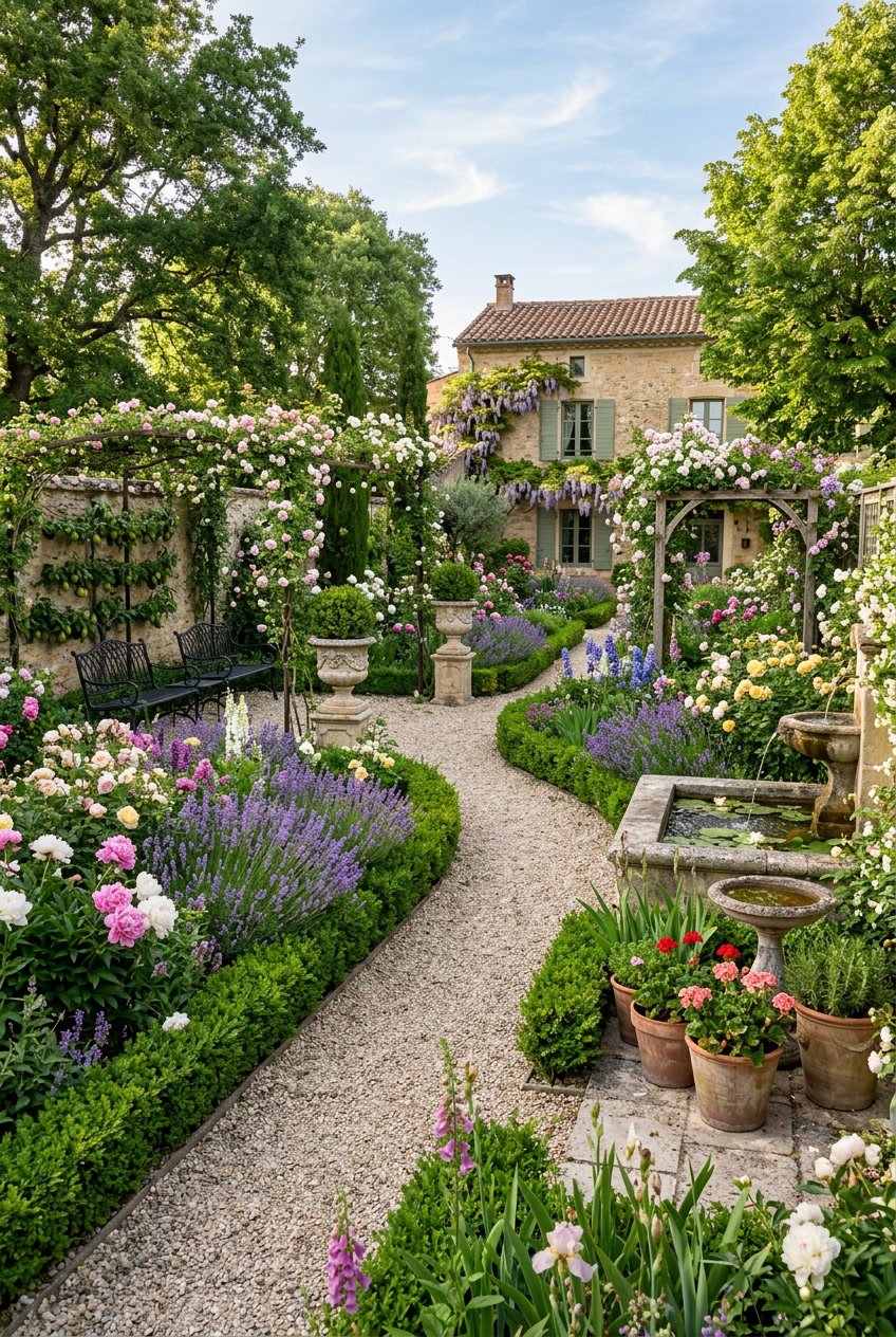 A backyard French garden with winding gravel pathways surrounded by trimmed hedges, colorful flowers, and a small fountain.