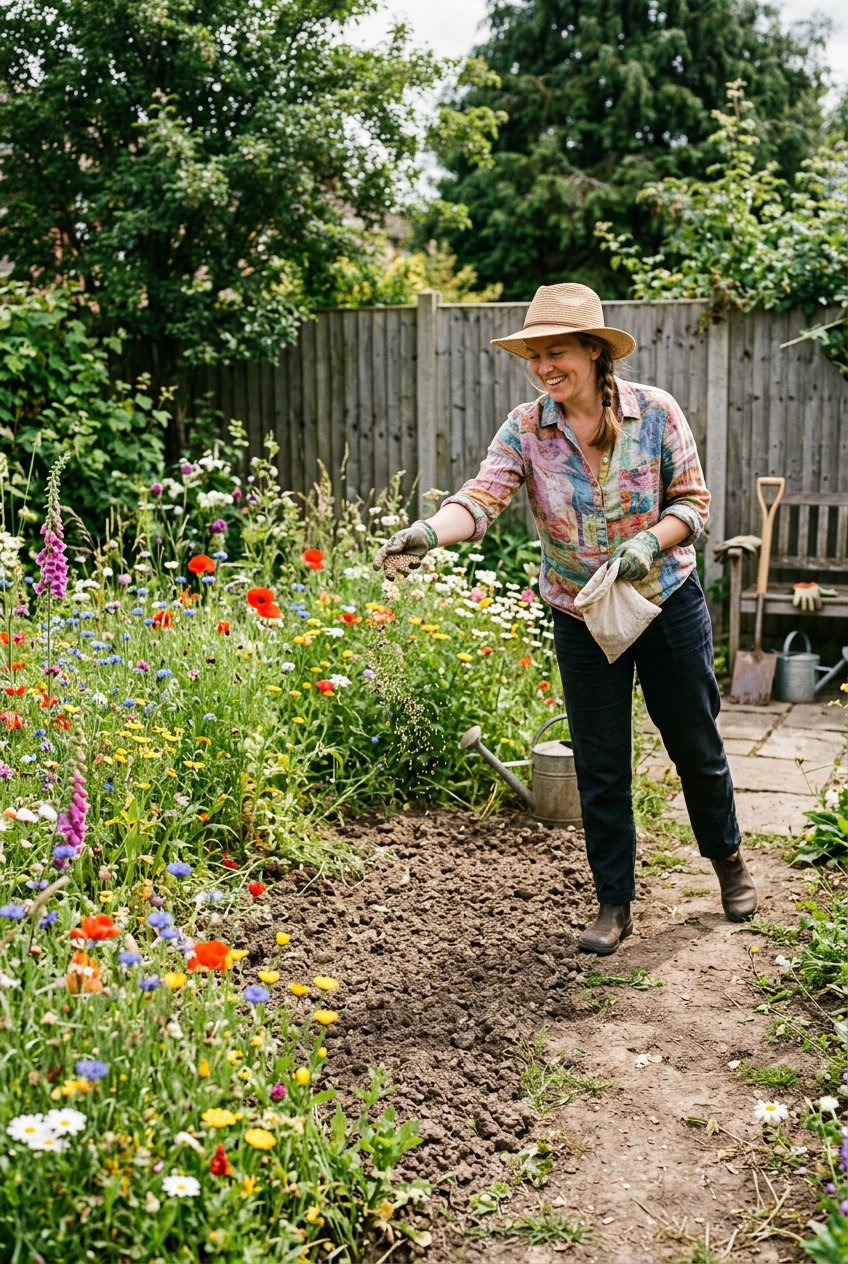 A person tossing wildflower seeds over a backyard patch with growing wildflowers and grasses under sunlight.
