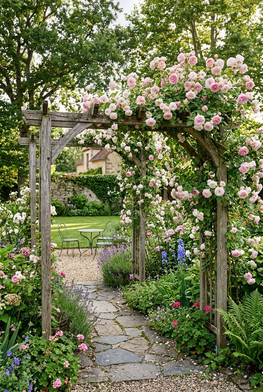 A backyard garden with wooden trellises covered in blooming climbing roses surrounded by green plants and a stone pathway.