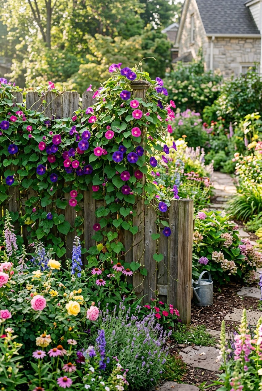 A backyard garden with morning glory vines climbing over a wooden fence covered in purple and pink flowers surrounded by various colorful plants.