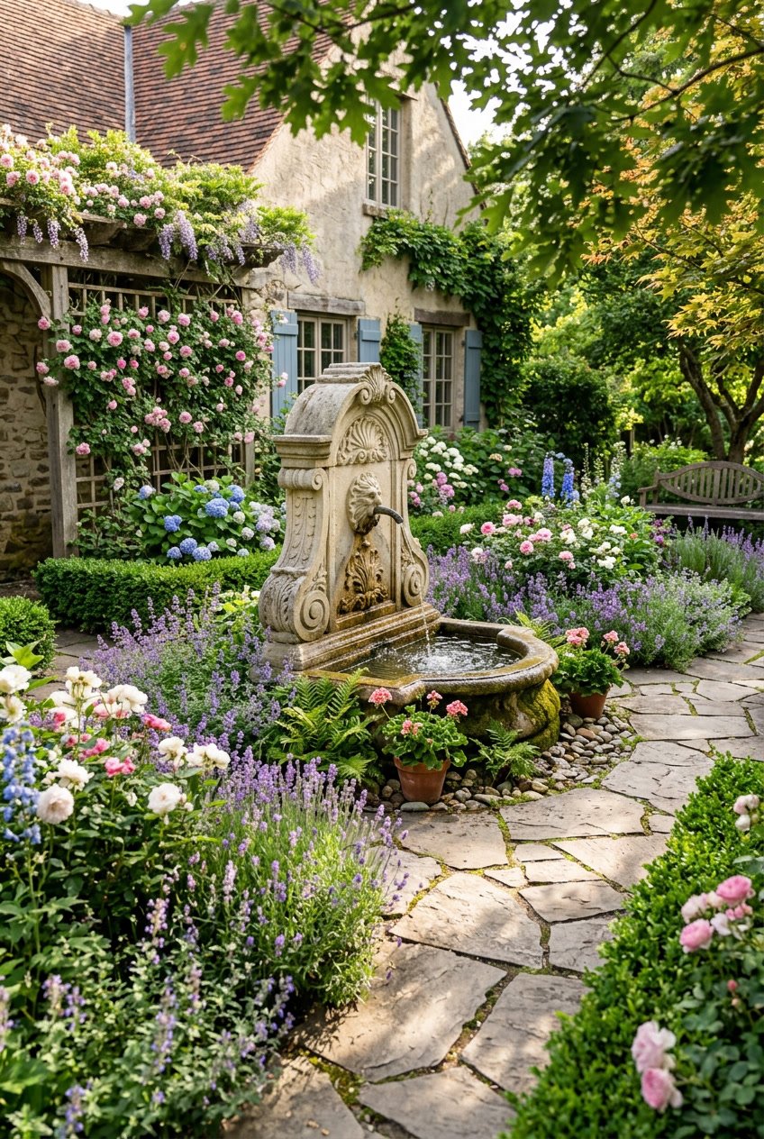 A backyard garden with a stone fountain surrounded by green plants and colorful flowers.