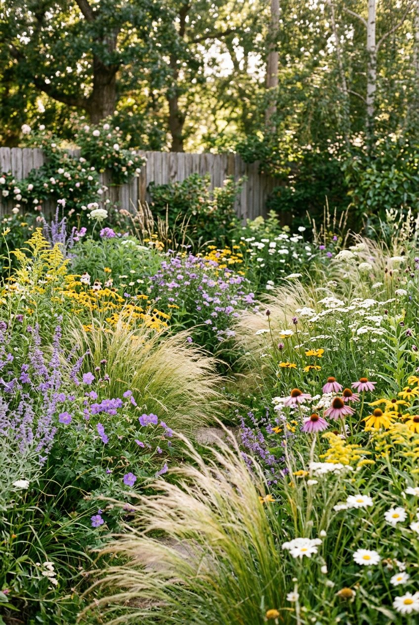 A backyard garden with tall grasses and colorful wildflowers gently moving in the breeze.