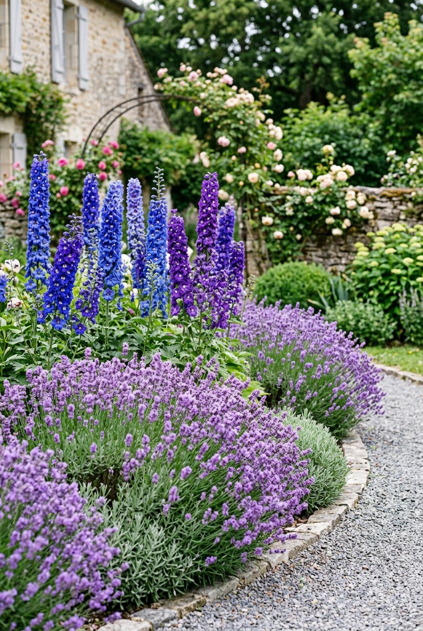 A backyard garden with tall blue and purple delphiniums behind dense beds of lavender flowers.
