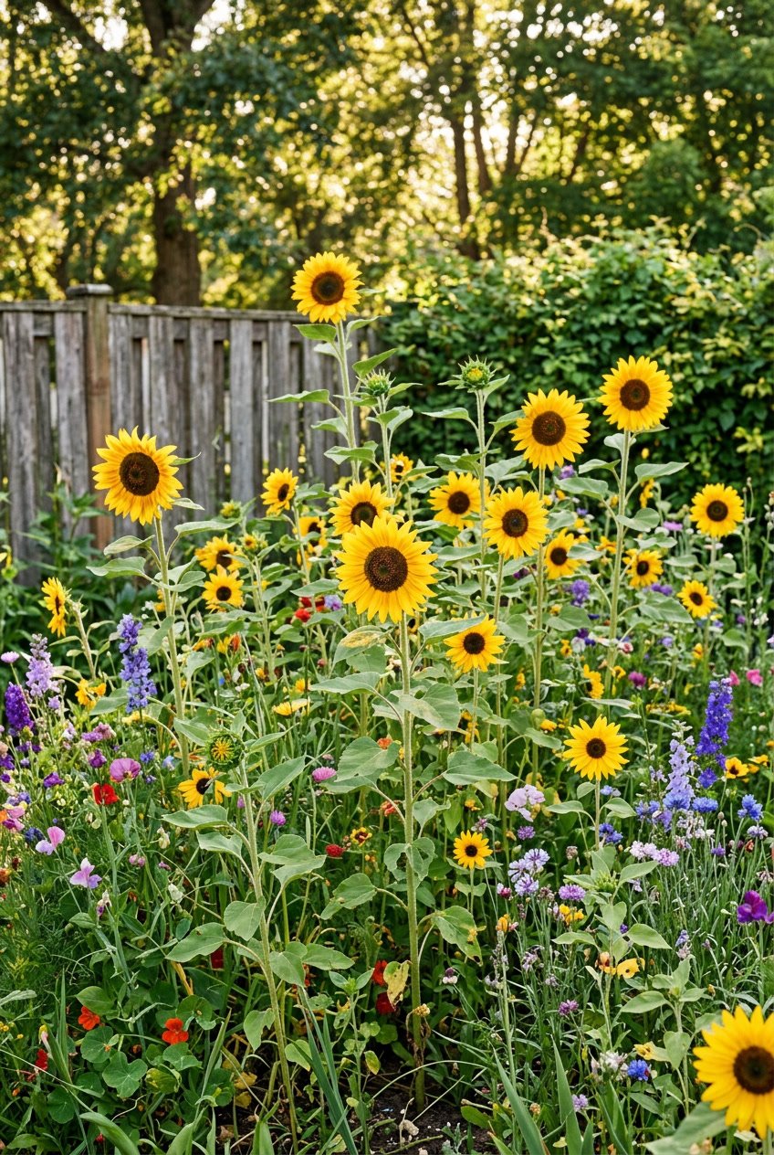 A backyard garden filled with tall volunteer sunflowers and various wild plants growing naturally among greenery.