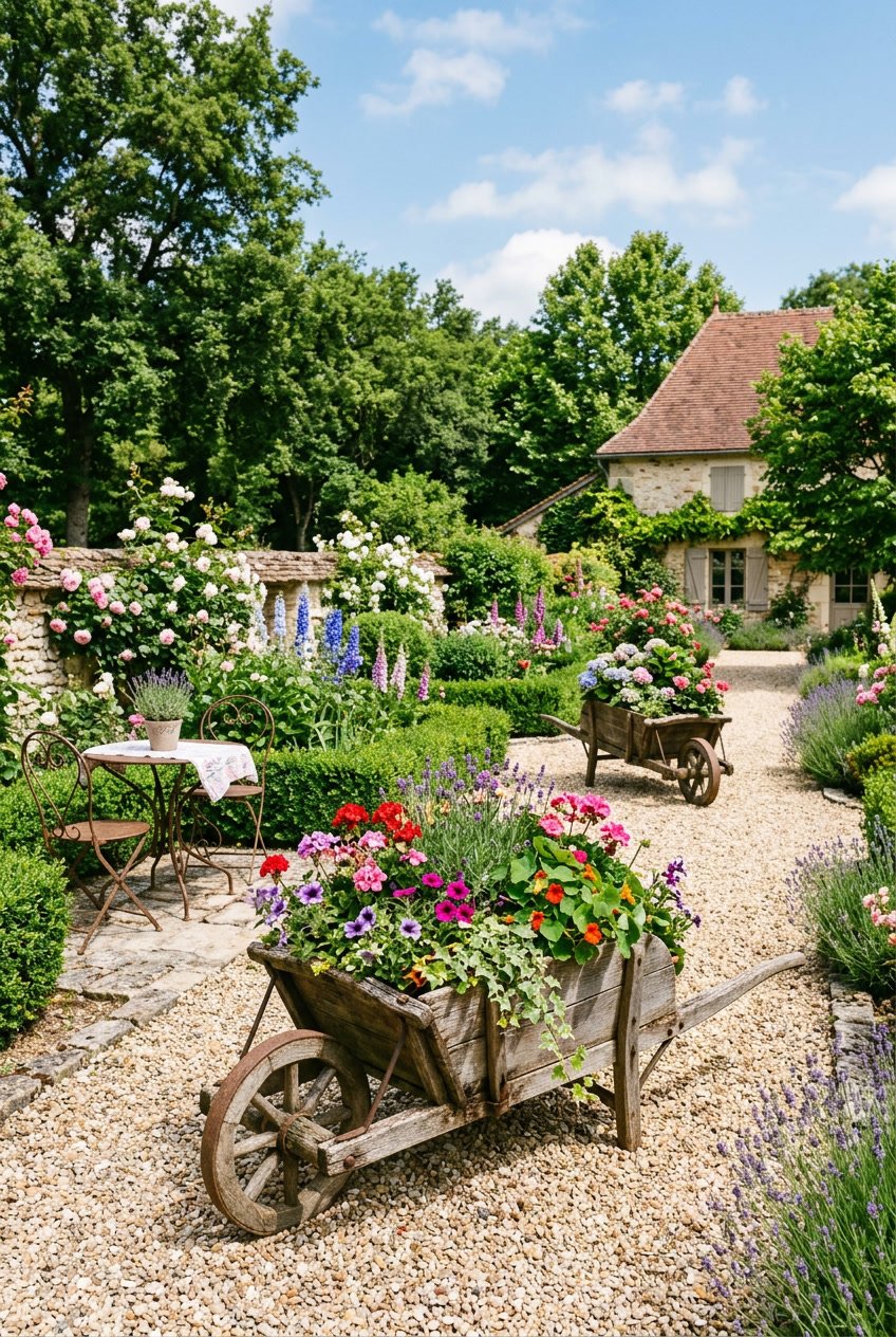A backyard garden with wooden wheelbarrows filled with colorful flowers along a gravel path surrounded by green plants and trees.