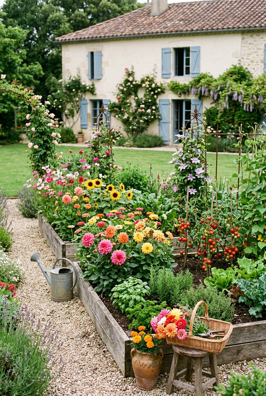A small backyard garden with colorful flowers and fresh vegetables growing in wooden raised beds, surrounded by greenery and a French-style house in the background.