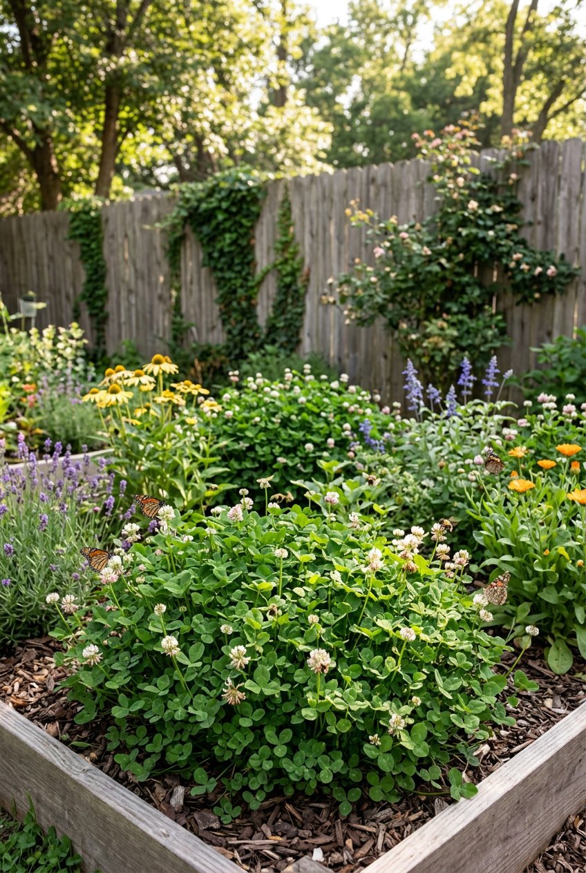 Backyard garden with patches of green clover attracting bees and butterflies among colorful flowers and plants.