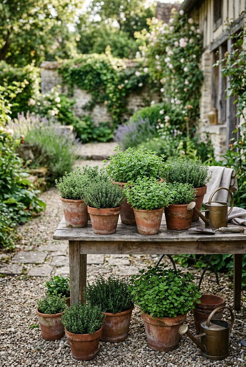 Vintage terracotta pots filled with thyme and oregano scattered in a backyard garden.