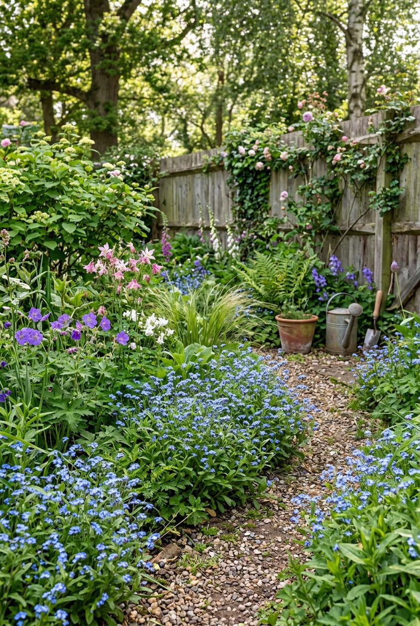 A backyard garden with clusters of blue forget-me-nots growing among various green plants and flowers in a natural, informal arrangement.
