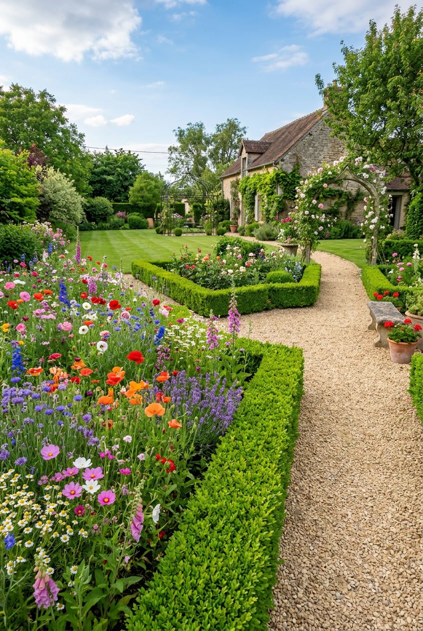A backyard garden with colorful wildflower borders next to neatly trimmed green boxwood hedges.