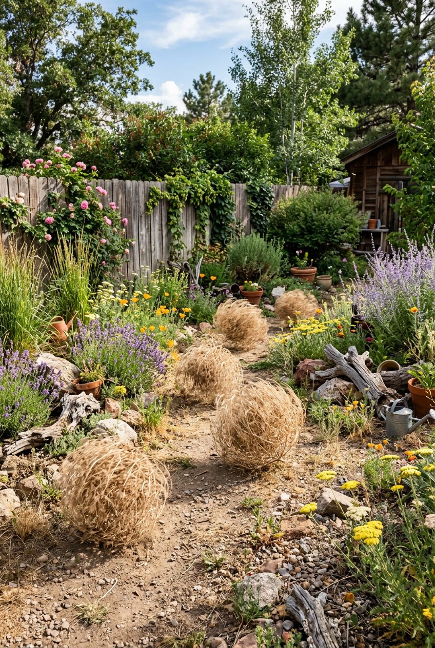 Backyard garden with tumbleweed-like plants rolling across dry ground surrounded by wildflowers, rocks, and trees.
