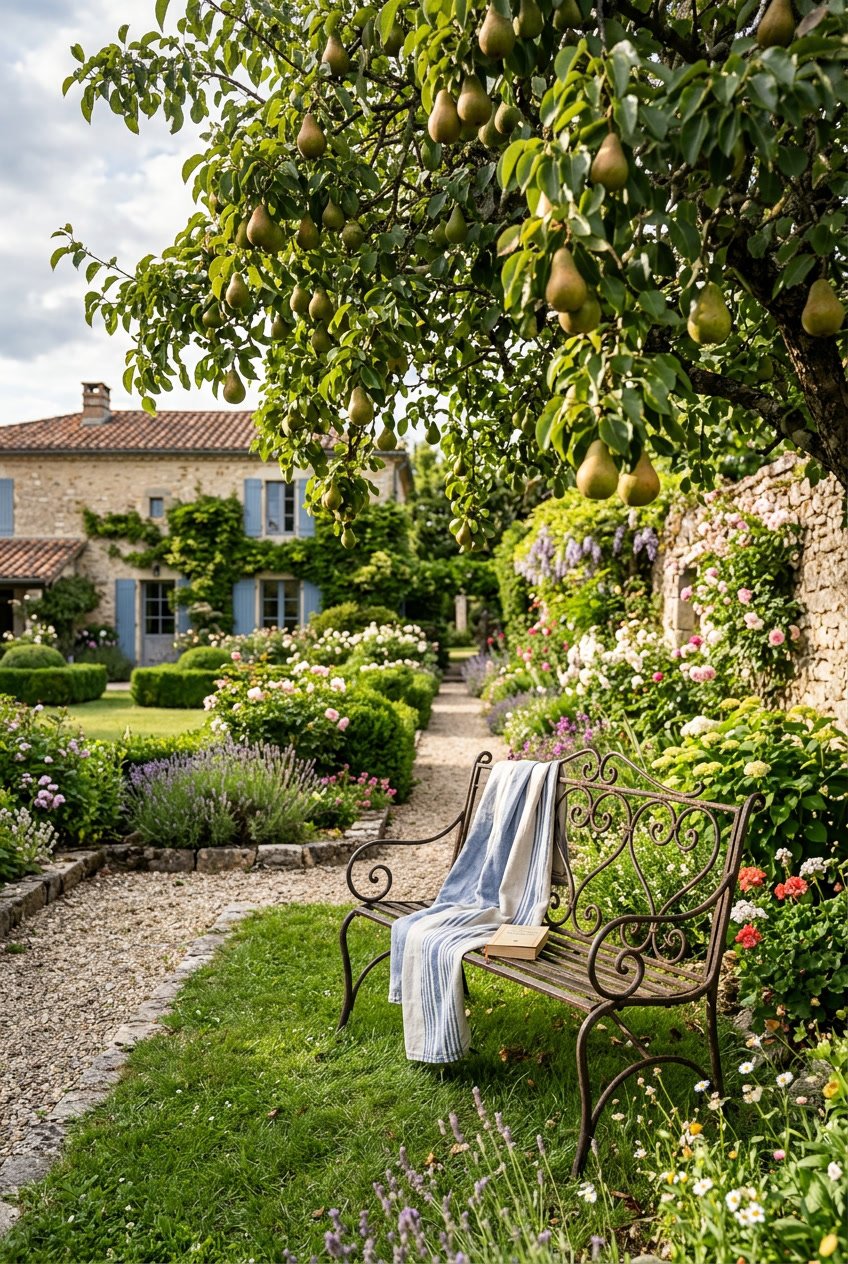 An old wrought-iron bench under a fruit tree in a sunny backyard garden.