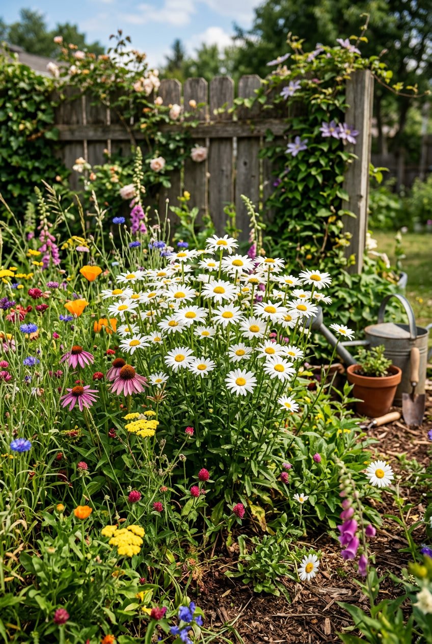 A backyard garden with healthy white daisies thriving among wildflowers and greenery under natural sunlight.