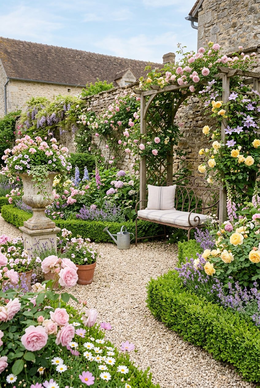 A French backyard garden with blooming pink and yellow flowers, trimmed hedges, gravel paths, and a stone wall with flowering vines.