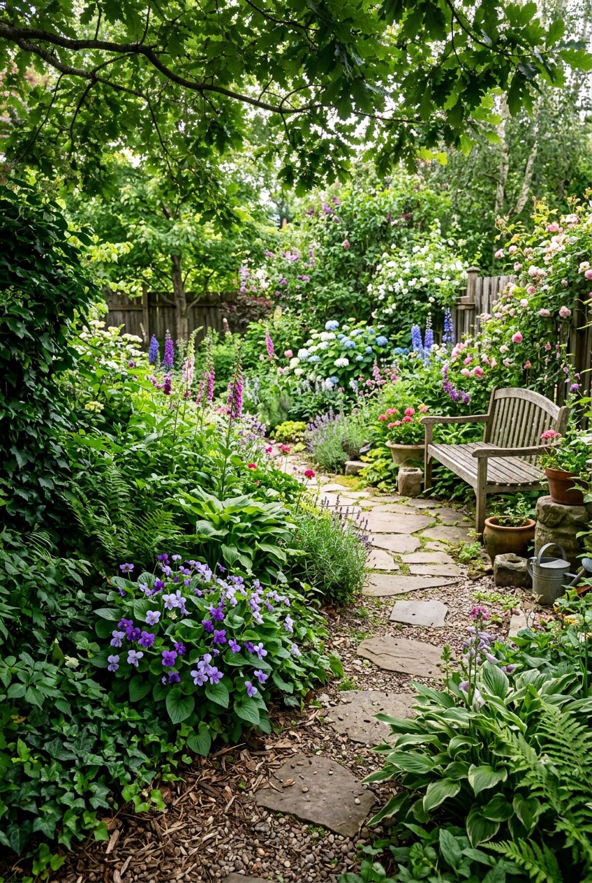 A backyard garden with shaded corners where purple violet flowers grow among green plants and natural garden elements.