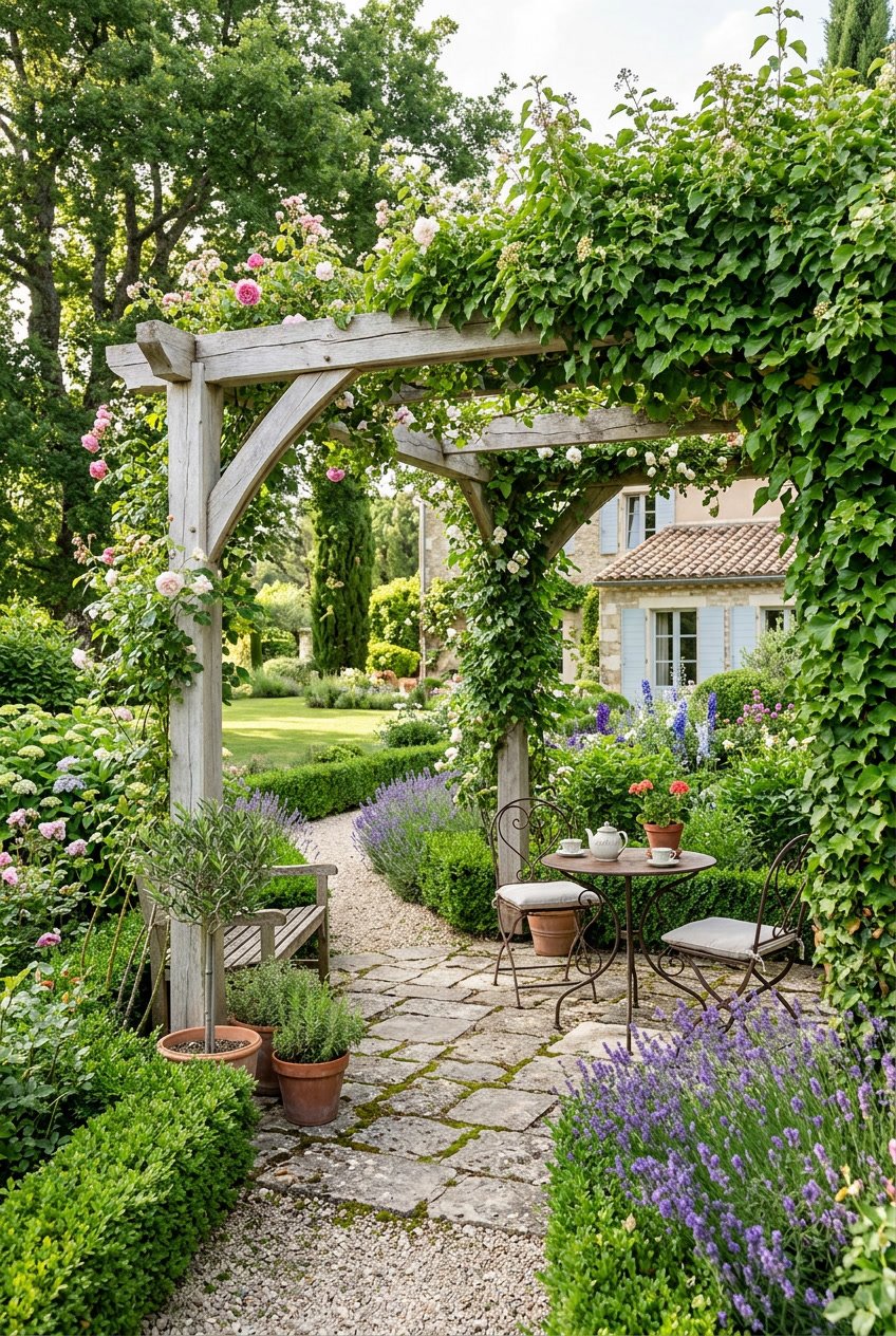 A small pergola covered with green ivy in a backyard garden surrounded by flowering plants and a stone patio.