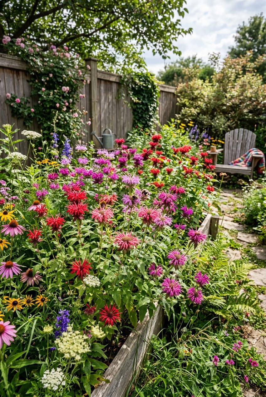 A backyard garden with colorful bee balm flowers growing freely among other plants and greenery, extending beyond garden boundaries.