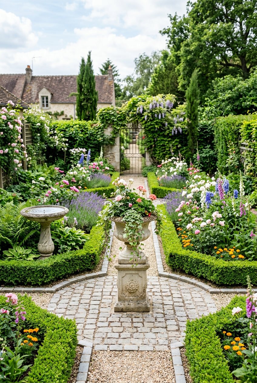 A backyard garden with trimmed hedges, colorful flowers, a stone urn, and a stone birdbath surrounded by greenery.