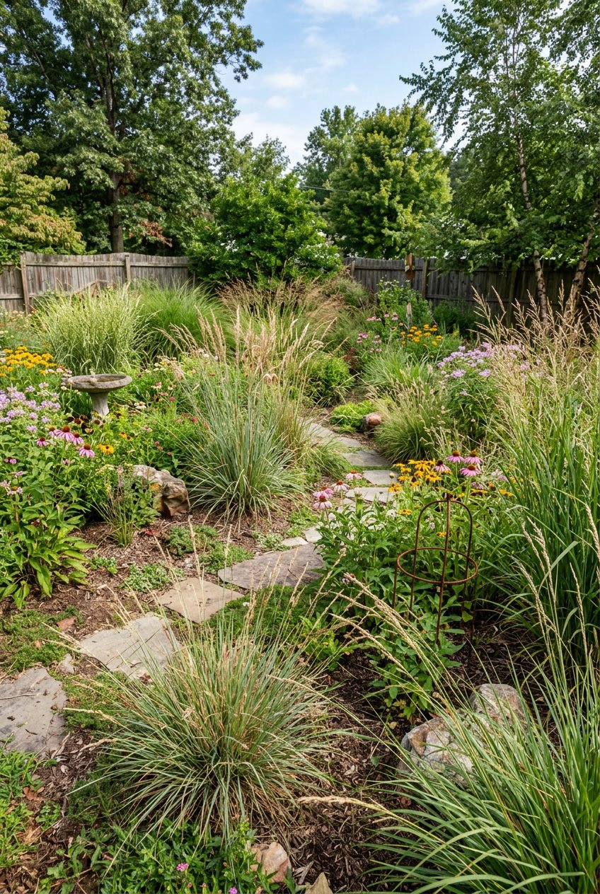 A backyard garden filled with various native grasses growing naturally and prominently among other plants under bright sunlight.