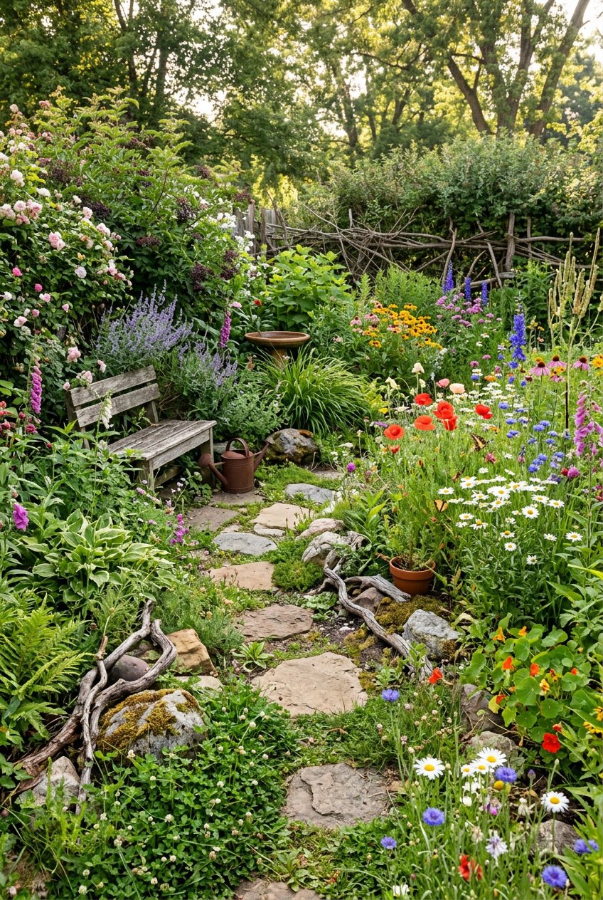 A backyard garden with wildflowers, grasses, rocks, and plants arranged in a natural, unstructured way with a wooden bench and stone pathways.