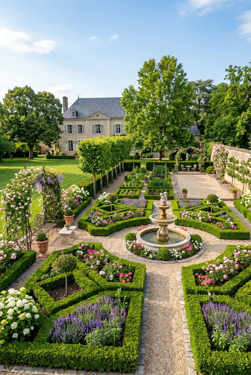 A serene backyard garden with colorful flower beds, trimmed hedges, stone pathways, benches, and fountains under a clear sky.