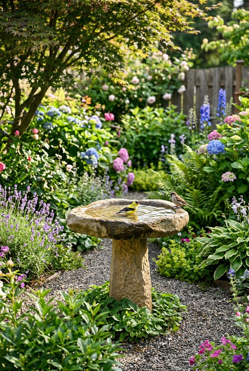 A bird bath near green shrubs in a backyard garden with small birds and flowering plants around it.