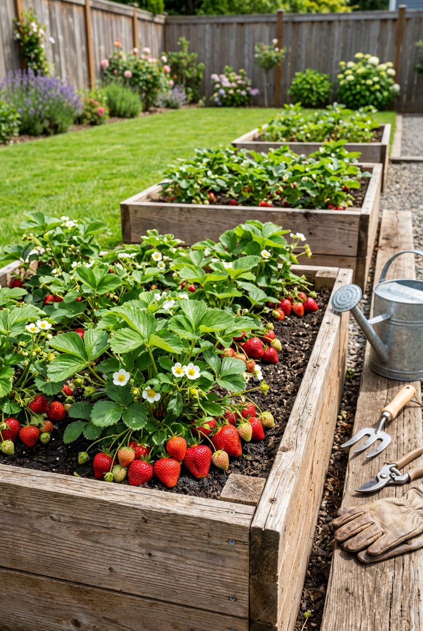 Backyard garden with wooden raised beds filled with healthy strawberry plants bearing ripe red strawberries.