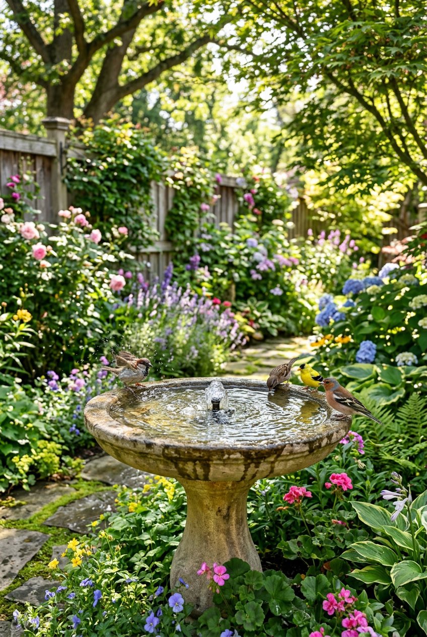 A backyard garden with a bird bath featuring a gentle bubbling fountain surrounded by plants and small birds.